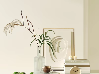 Minimalist Decorative Ornament Set With Glass Vase Green Plant Frame Books And Clock 3d model