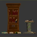 Wooden Bookcase With Red Books On Shelves And Scattered Books Around