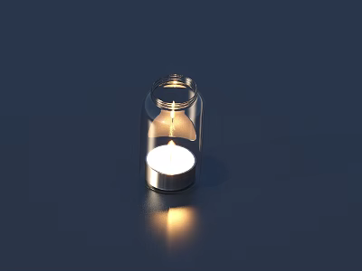 Burning White Candle in Transparent Glass Cover with Metal Base and Flame Reflection 3d model