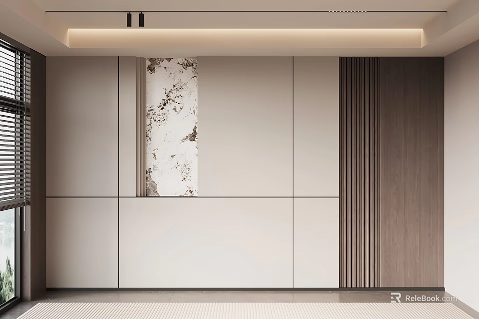 Elegant Modern Bedroom Accent Wall With Marble Pattern And Wooden Panel Design 3d model 