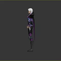 White Haired Female Character In Purple And Blue Armored Outfit With Cape