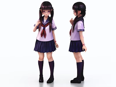 Woman With Glasses Double Ponytail In Purple Short Sleeved Top Dark Pleated Skirt Red Neckerchief 3d model