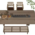 Wooden Table and Chair Set with Bench Food Tray Fruits and Bread