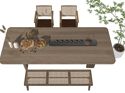 Wooden Table and Chair Set with Bench Food Tray Fruits and Bread 3d model