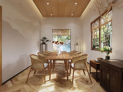 Traditional Chinese Restaurant With Wooden Dining Table Rattan Chairs Herringbone Floor And Mountain Decor 3d model