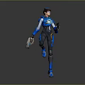 Game Movie Character In Futuristic Blue Armor Holding Weapons In Dynamic Action Pose