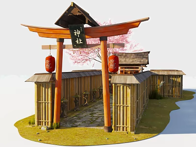 Traditional Japanese Bamboo Architecture Featuring Torii Gate Red Lanterns And Cherry Blossom Tree 3d model