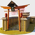 Traditional Japanese Bamboo Architecture Featuring Torii Gate Red Lanterns And Cherry Blossom Tree