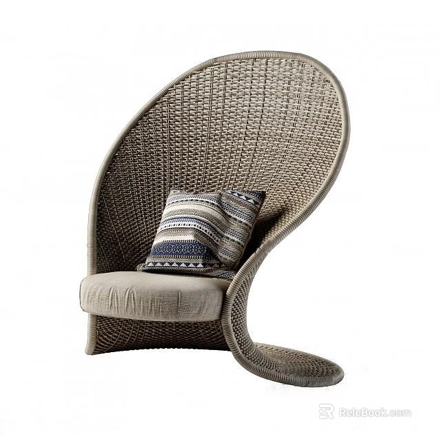 Stylish Woven Rattan Lounge Chair Featuring Curved Design Light Seat and Striped Cushion 3d model 