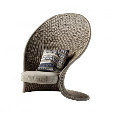 Stylish Woven Rattan Lounge Chair Featuring Curved Design Light Seat and Striped Cushion 3d model