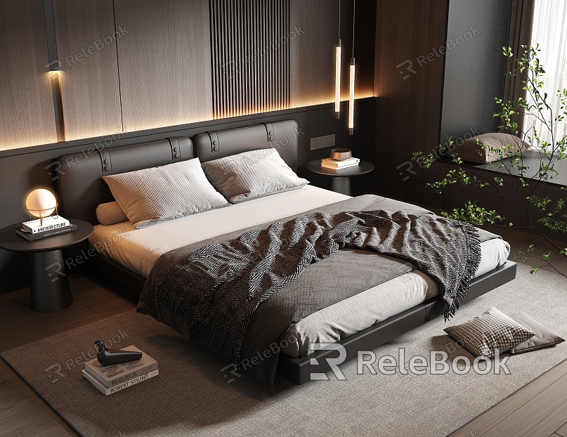 Minotti Bedroom Leather Double Bed Fabric Double Bed Small Chandelier Dark Italian Style Light Luxury model