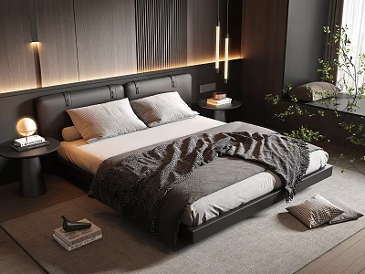Modern Bedroom Interior With Leather Headboard Gray Blanket Rug Books Wooden Wall And Table Lamp 3d model
