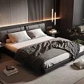 Modern Bedroom Interior With Leather Headboard Gray Blanket Rug Books Wooden Wall And Table Lamp
