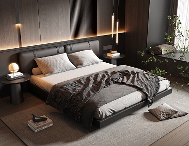 Minotti Bedroom Leather Double Bed Fabric Double Bed Small Chandelier Dark Italian Style Light Luxury 3d model