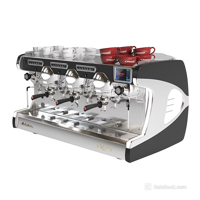 Professional Stainless Steel Coffee Machine With Multiple Spouts Digital Display And Cups 3d model 