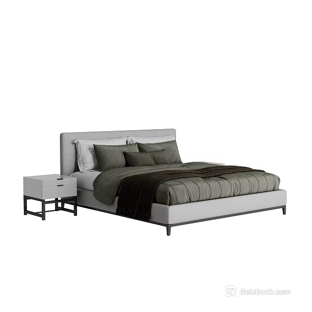 Modern Double Bed with Sleek Frame Upholstered Headboard Dark Bedding and Nightstand 3d model