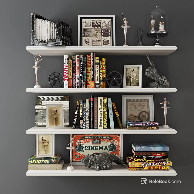 Cinema Themed Decorative Ornament Set With Books Statues Film Reels Picture Frames On White Shelves 3d model 