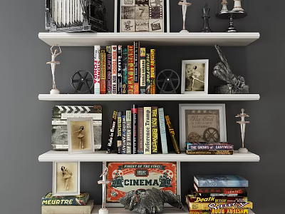 Cinema Themed Decorative Ornament Set With Books Statues Film Reels Picture Frames On White Shelves 3d model