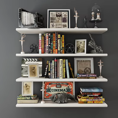 Cinema Themed Decorative Ornament Set With Books Statues Film Reels Picture Frames On White Shelves 3d model