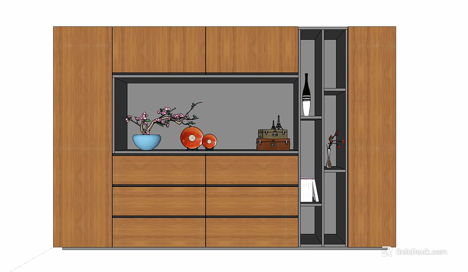 Modern Wooden Decorative Cabinet with Vase Flowers Orange Ornaments Drawers and Open Shelves 3d model 