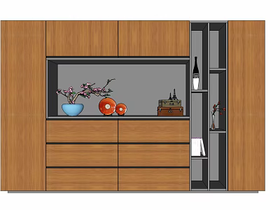 Modern Wooden Decorative Cabinet with Vase Flowers Orange Ornaments Drawers and Open Shelves 3d model
