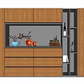 Modern Wooden Decorative Cabinet with Vase Flowers Orange Ornaments Drawers and Open Shelves