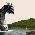 Giant Dragon Figure In Water With Small Boat Person And Lantern At Night Scene