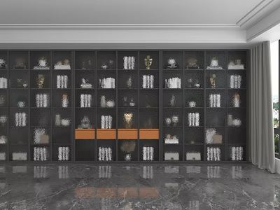 Multi Tiered Dark Shelving Unit With Decorative Items And Storage Boxes In Modern Room 3d model