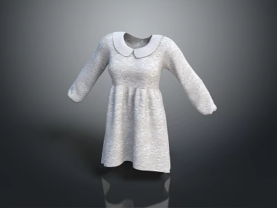 White Knitted Dress With Peter Pan Collar Long Sleeves Loose Fit For Casual Daily Wear 3d model