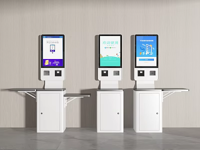 Public Facility Self Service Kiosks With Digital Screens White Cabinets And User Friendly Interface 3d model