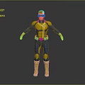 3D Superhero Model In Blue And Yellow Costume With Chest Emblem Standing Pose