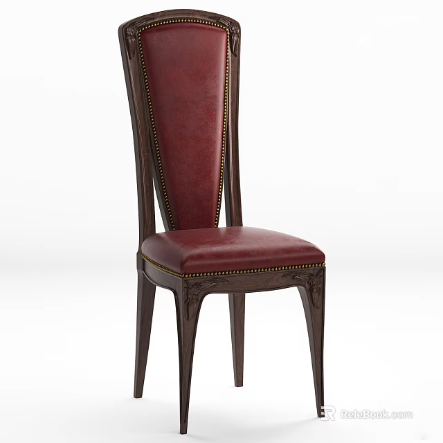 Elegant Red Leather Accent Chair With Dark Wood Carved Frame And Brass Nailhead Trim Details 3d model 