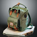 Green Canvas Backpack with Leather Accents Front Pocket and Stylish Vintage Label Design