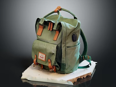 Green Canvas Backpack with Leather Accents Front Pocket and Stylish Vintage Label Design 3d model