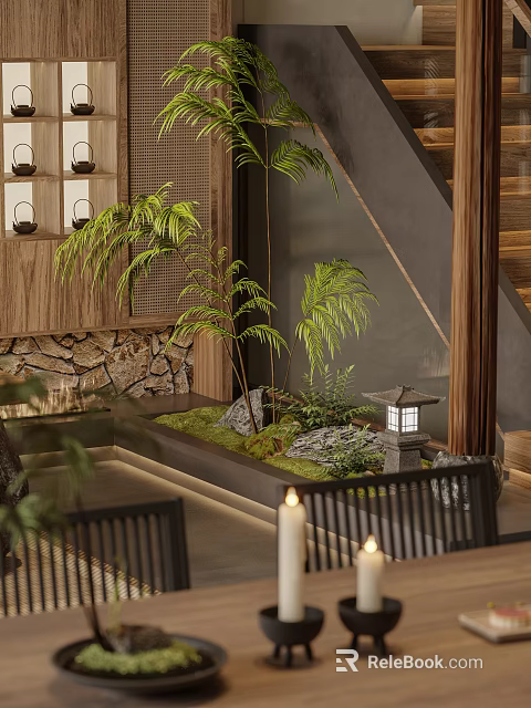 Tranquil Indoor Landscape With Wooden Lattice Stone Wall Lush Plants Mossy Area And Stone Lantern 3d model 