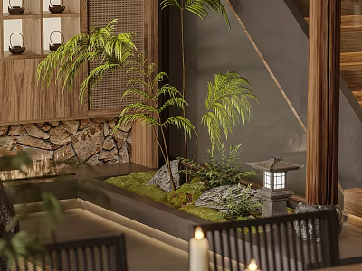 Tranquil Indoor Landscape With Wooden Lattice Stone Wall Lush Plants Mossy Area And Stone Lantern 3d model