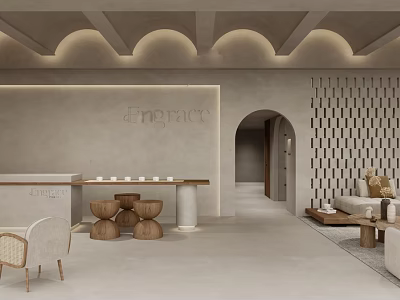 Elegant Beauty Hair Salon Interior with Arched Ceiling Reception Desk Wooden Stools and Sofa Area 3d model