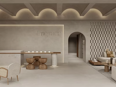 Elegant Beauty Hair Salon Interior with Arched Ceiling Reception Desk Wooden Stools and Sofa Area 3d model