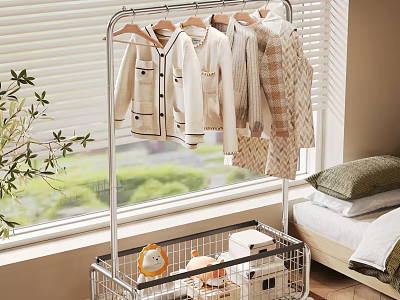Clothing Hanger with Coats Sweaters Metal Storage Basket in Bedroom Near Window Blinds Green View 3d model