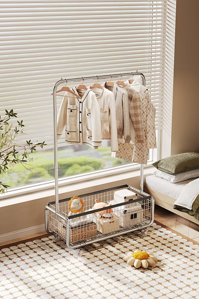 Clothing Hanger with Coats Sweaters Metal Storage Basket in Bedroom Near Window Blinds Green View 3d model