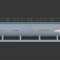 Industrial Horizontal Storage Tank with Light Blue Body Metal Railing Platform and Red Labels