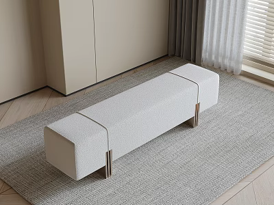 White Fabric Sofa Bench With Metal Legs In Minimalist Living Room On Rug 3d model