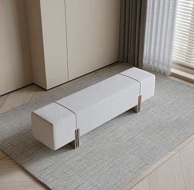 White Fabric Sofa Bench With Metal Legs In Minimalist Living Room On Rug 3d model
