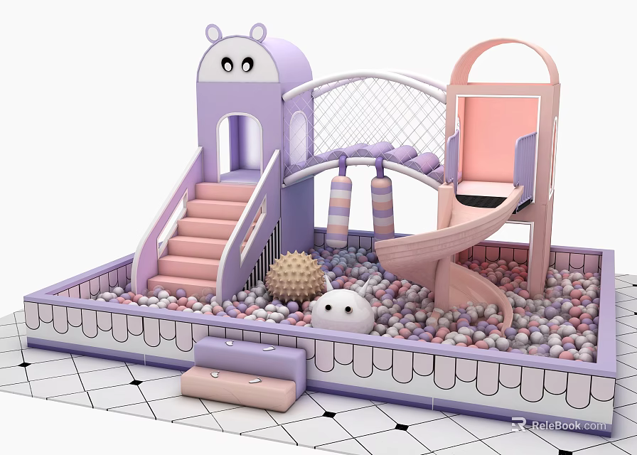 Pink and Purple Kids Soft Play Equipment with Slide Stairs Net Bridge and Ball Pit 3d model 