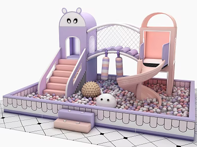 Pink and Purple Kids Soft Play Equipment with Slide Stairs Net Bridge and Ball Pit 3d model