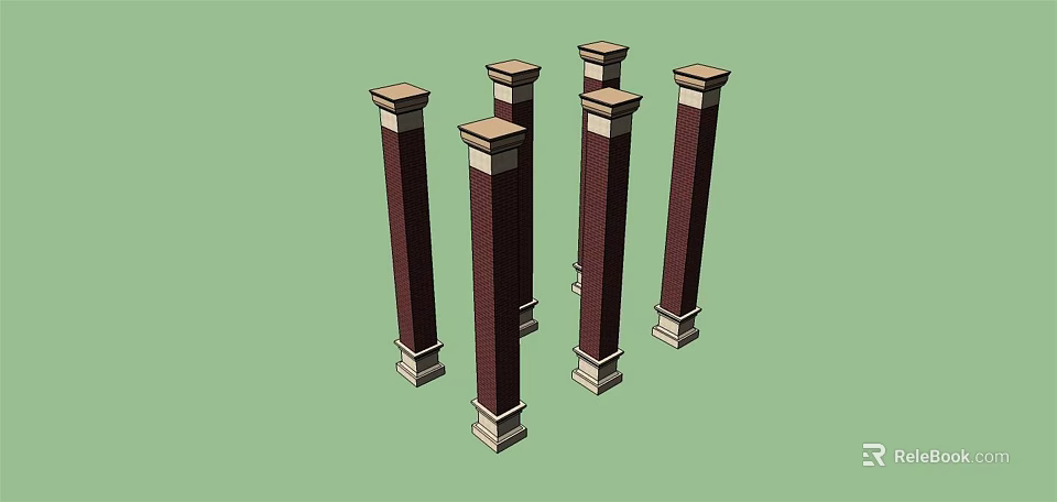 Six Red Brick Columns With Light Colored Base And Top For Building Decor 3d model