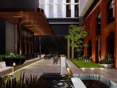 Modern Commercial Landscape With Courtyard Water Feature Green Plants And Lighting 3d model