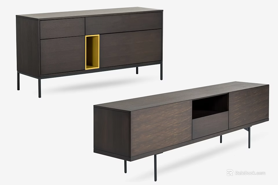 Modern Entryway And Side Cabinets With Dark Wood Finish Black Metal Legs And Gold Accent 3d model 