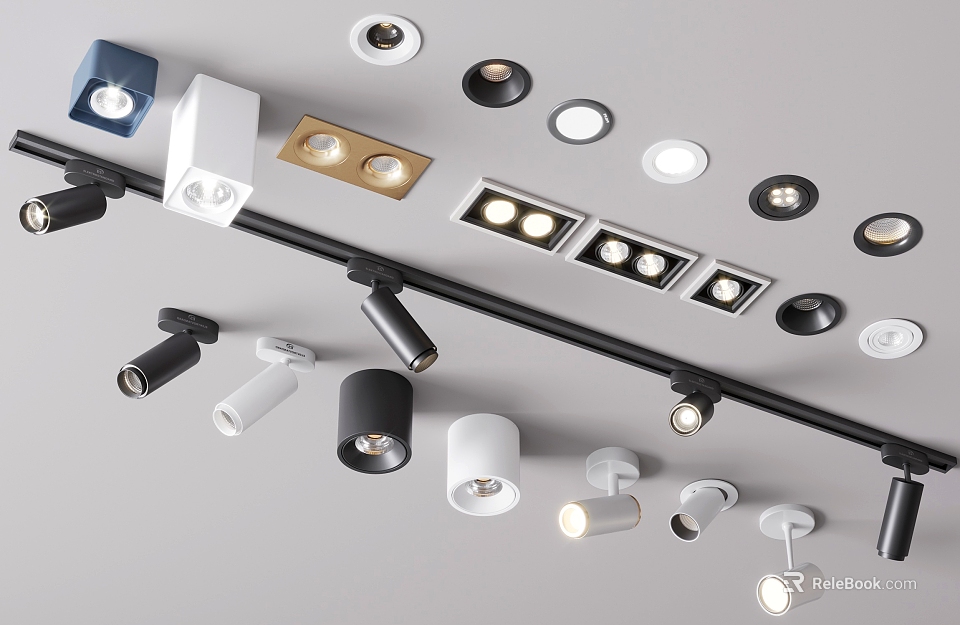 Modern Home Lighting Downlights and Spotlights with Track Recessed Design in Black White Styles 3d model 