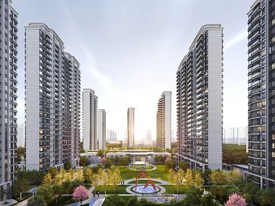 High-rise Residential Buildings With Central Garden And Green Landscape Surrounded By Trees And Flower Beds 3d model